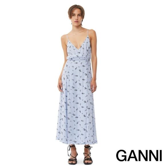 GANNI **NWT** Printed Georgette Strap Wrap Brunnera Blue Floral Print Dress - Picture 1 of 11